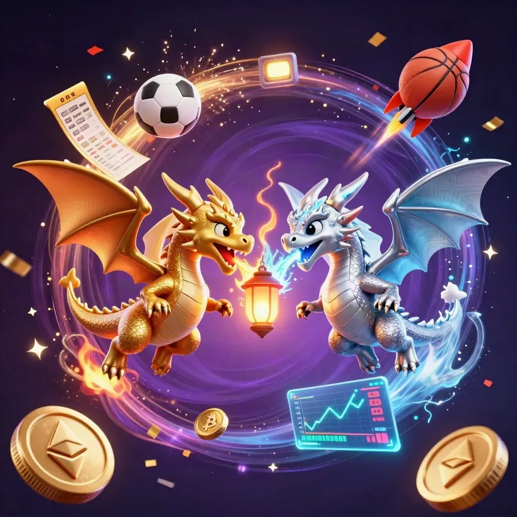 Två drakar i guld och silver svävar med eld och is, mynt och magisk casinoglans.
