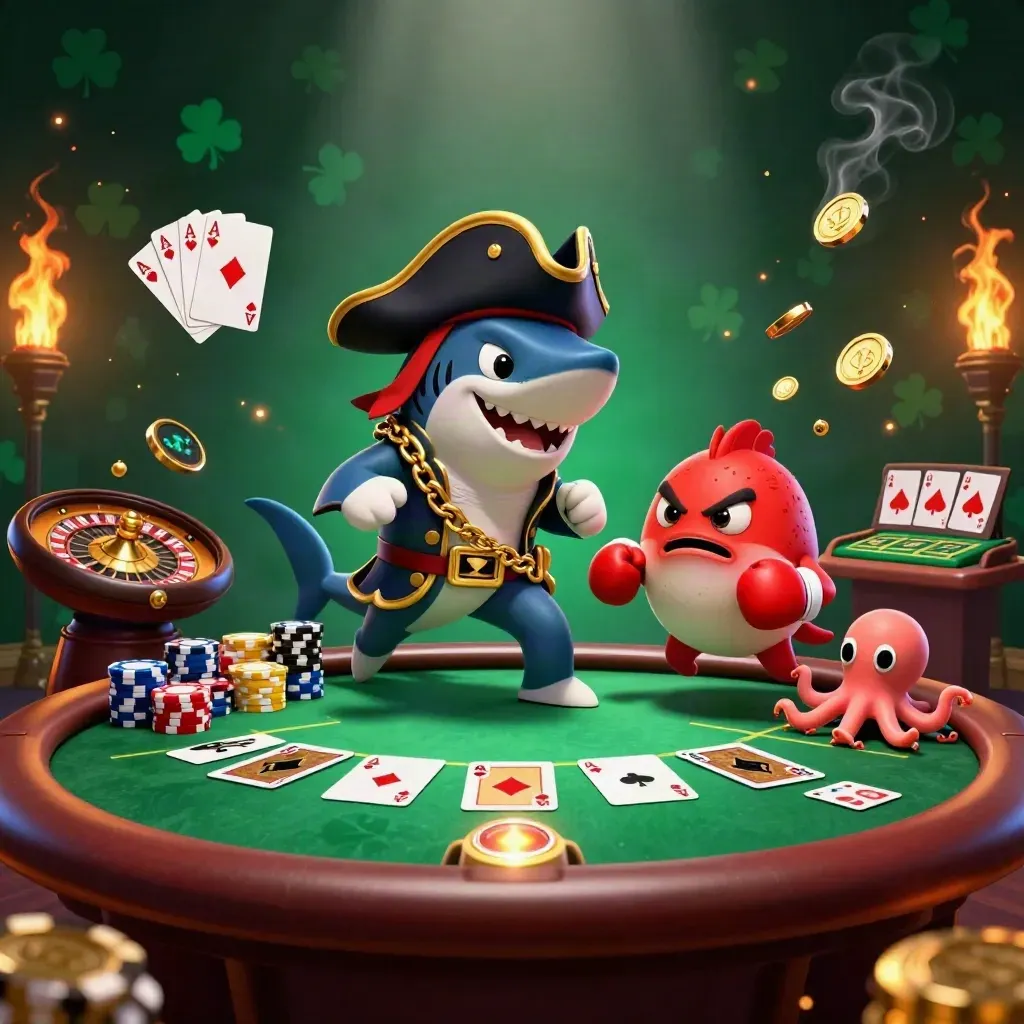 Hajpirat, röd blåsfisk och babybläckfisk vid ett glittrigt casinobord
