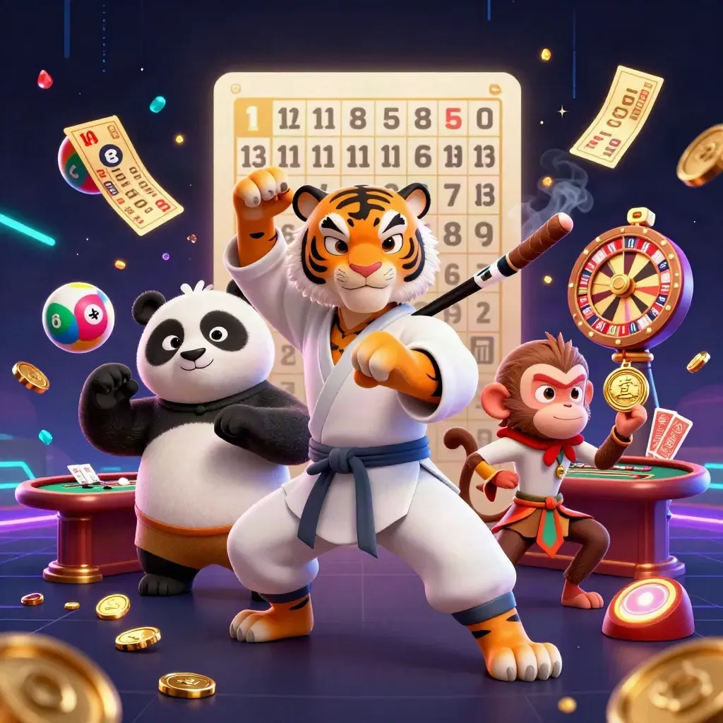 Tiger, panda och apa i neoncasino med roulette, bingo och guldglans.